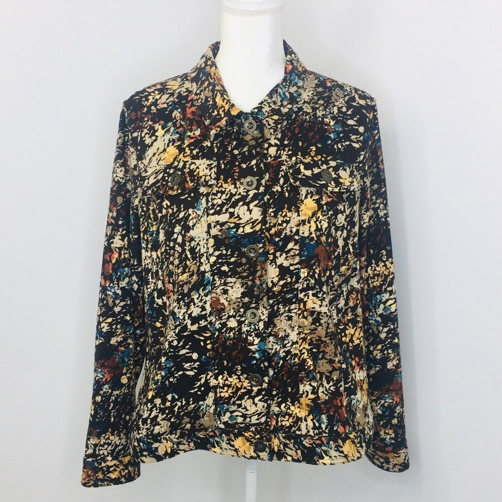 Christopher & Banks Womens Floral Jacket Size XL Brown Blue Metal Button Front
